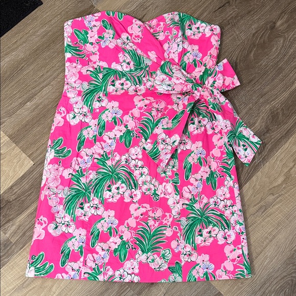 Lilly Pulitzer Strapless Pink Dress with Green Floral Design - Picture 3 of 4